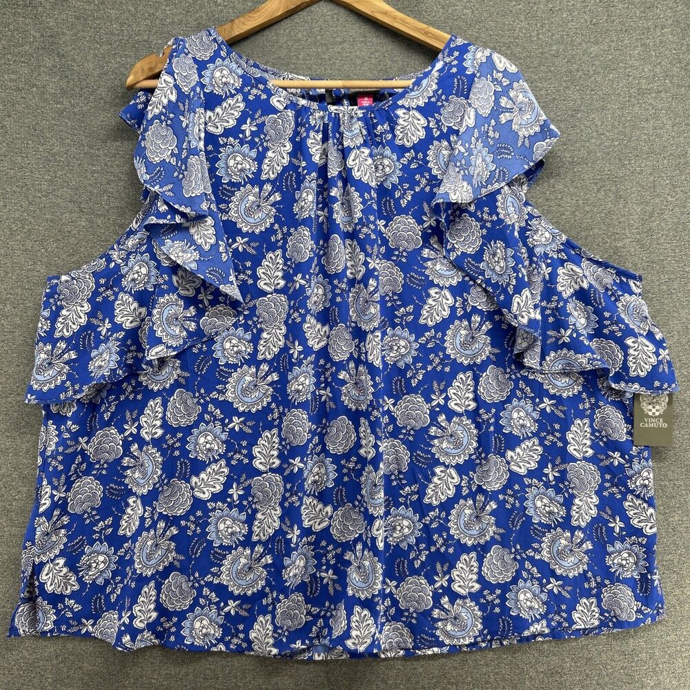 NWT Vince Camuto Blouse Womens Plus 3X Blue White Floral Print Ruffle Sleeve Top